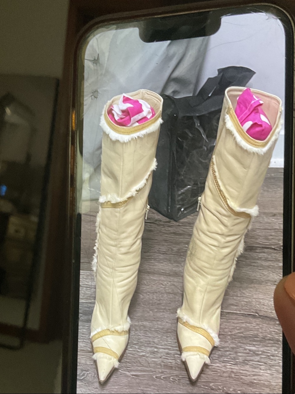 Casadei Cream Over-the-Knee Pointed Toe Boots with Gold Trim